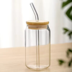 Clear Can Shaped Glass Cup with Straw and Bamboo Lid - 500ml