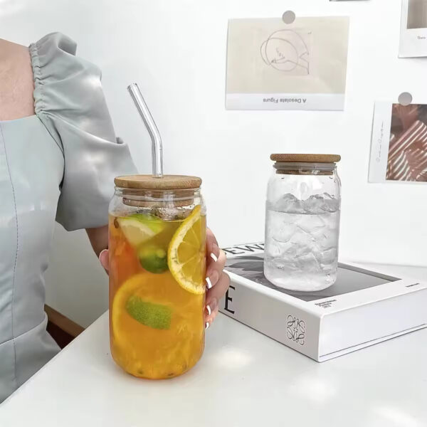 Clear Can Shaped Glass Cup with Straw and Bamboo Lid - 500ml - orange
