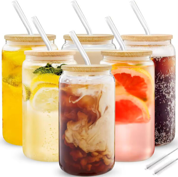 Clear Can Shaped Glass Cup with Straw and Bamboo Lid - 500ml- group