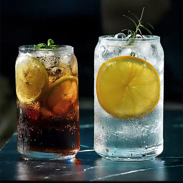 Clear Can Shaped Glass Cup with Straw and Bamboo Lid - 500ml - Black background